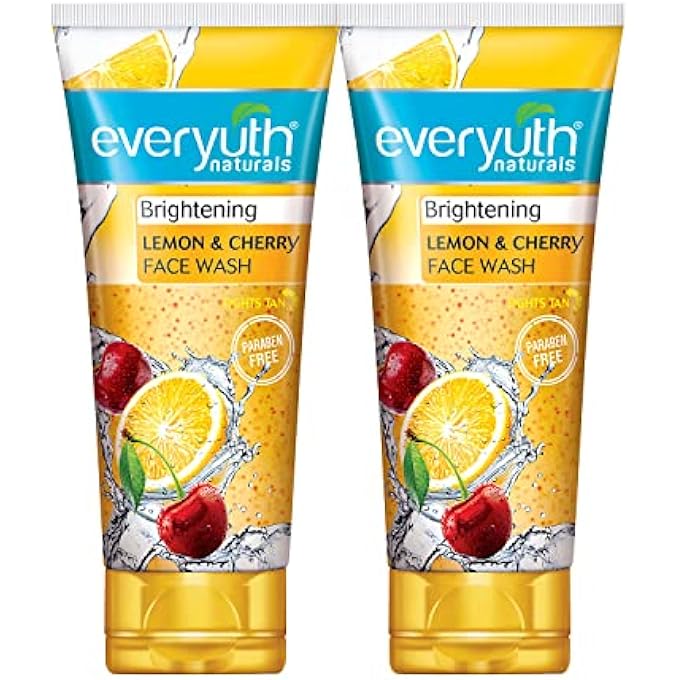 Everyuth NATURALS BRIGHTENING LEMON & CHERRY FACE WASH | DEEP CLEANSING, OIL CONTROL & TAN REDUCTION | REMOVES DIRT & OIL | 100% SOAPFREE | FOR ALL SKIN TYPES | PARABEN FREE - 150 G (PACK OF 2) - Image 1